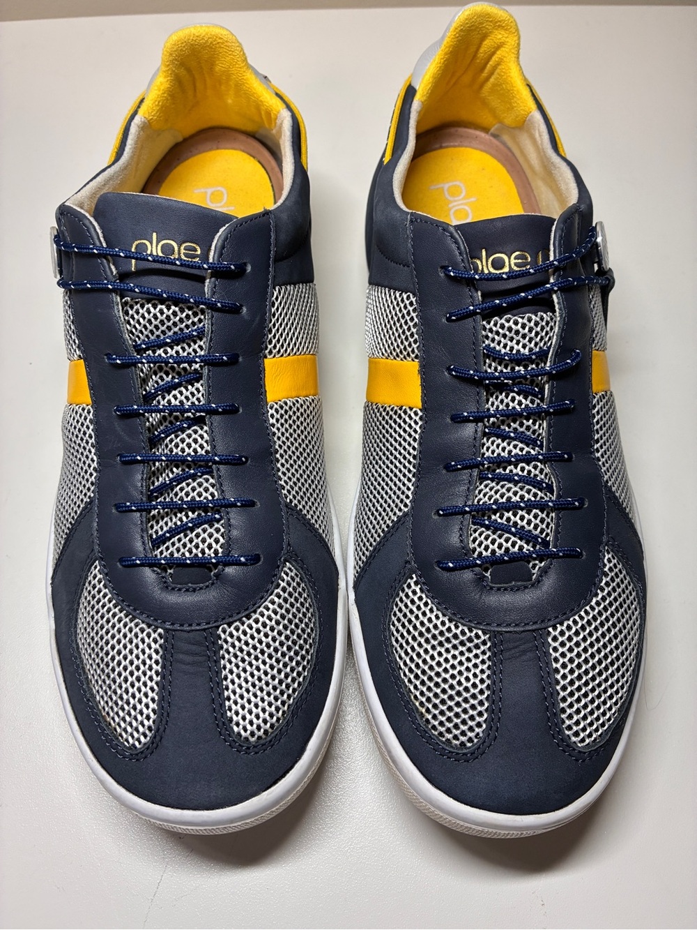 PLAE Butler Sneaker in Mood Indigo Navy and Yellow Breathable Casual  Sz 11
